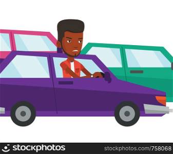 Angry african car driver stuck in a traffic jam. Irritated man driving a car in a traffic jam. Agressive driver honking in traffic jam. Vector flat design illustration isolated on white background.. Angry african man in car stuck in traffic jam.