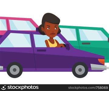 Angry african car driver stuck in a traffic jam. Irritated woman driving a car in a traffic jam. Agressive driver honking in traffic jam. Vector flat design illustration isolated on white background.. Angry african woman in car stuck in traffic jam.