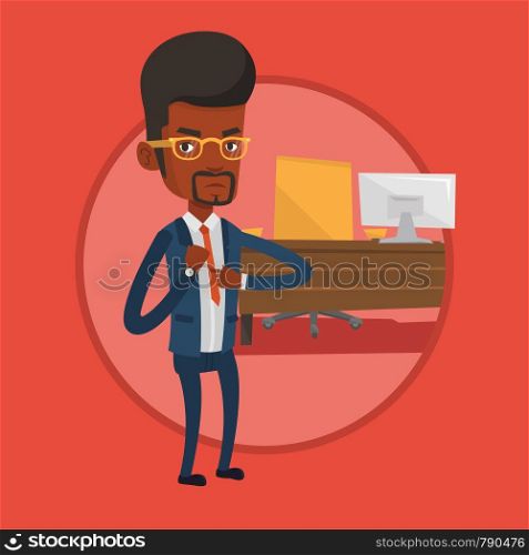Angry african employer pointing at wrist watch. Employer checking time of coming of latecomer employee. Concept of late to work. Vector flat design illustration in the circle isolated on background. Angry businessman pointing at wrist watch.