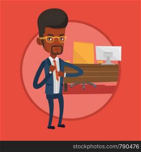 Angry african employer pointing at wrist watch. Employer checking time of coming of latecomer employee. Concept of late to work. Vector flat design illustration in the circle isolated on background. Angry businessman pointing at wrist watch.