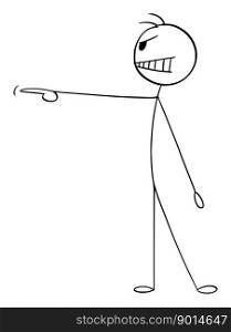 Angry aggressive person or businessman pointing at something on side, vector cartoon stick figure or character illustration.. Aggressive or Angry Person Pointing at Something, Vector Cartoon Stick Figure Illustration