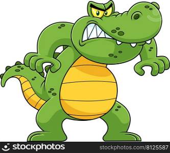 Angry Alligator Or Crocodile Cartoon Character. Vector Hand Drawn Illustration Isolated On White Background