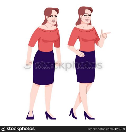 Angry and cheerful woman flat vector illustration. Negative and positive human emotions. Aggressive and playful mood girl isolated cartoon characters with outline elements on white background