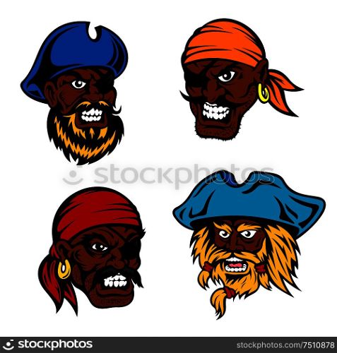 Angry and dangerous dark skinned cartoon marine pirates, captains and sailors with lush beards, moustaches, eye patches, bandanas and hats. Childish book, adventure and travel design usage . Danger cartoon pirates, captains and sailors