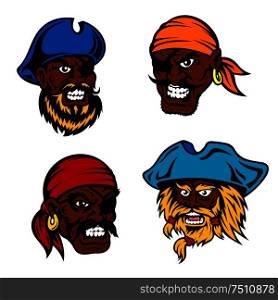 Angry and dangerous dark skinned cartoon marine pirates, captains and sailors with lush beards, moustaches, eye patches, bandanas and hats. Childish book, adventure and travel design usage . Danger cartoon pirates, captains and sailors