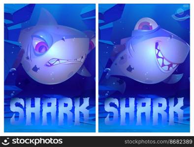Angry and happy shark under water in ocean. Vector posters of sea wildlife with cartoon illustration of funny fish with scary teeth, smiling and evil underwater sea animal. Angry and happy shark underwater in ocean