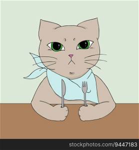 Angry and hungry cat with a fork and a knife. Sitting cat. Hand drawn cat art. Grey cat. Childish cartoon design. Vector art
