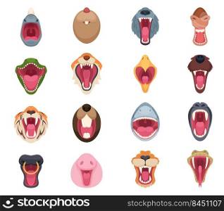 Angry animal mouth. Wild zoo character faces bear snake wolf and horse exact vector illustrations set. Animal angry mask, aggressive beast mascot. Angry animal mouth. Wild zoo character faces bear snake wolf and horse exact vector illustrations set