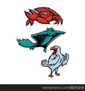 Angry Animals Mascot Collection. Mascot icon illustration set of angry animal wildlife like the red king crab or land crab, northern flying squirrel and gull or seagull on isolated background in retro style.. Angry Animals Mascot Collection