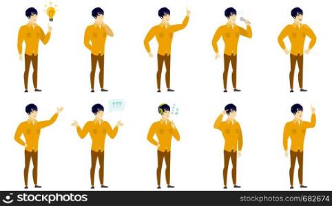 Angry asian businessman gesturing with his finger against temple. Full length of businessman twisting his finger against temple. Set of vector flat design illustrations isolated on white background.. Vector set of illustrations with business people.