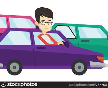 Angry asian car driver stuck in traffic jam. Irritated young man driving a car in traffic jam. Agressive driver honking in a traffic jam. Vector flat design illustration isolated on white background.. Angry asian man in car stuck in traffic jam.