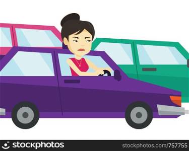 Angry asian car driver stuck in traffic jam. Irritated young woman driving a car in traffic jam. Agressive driver honking in traffic jam. Vector flat design illustration isolated on white background.. Angry asian woman in car stuck in traffic jam.