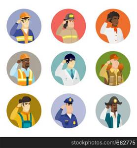 Angry asian farmer gesturing with his finger against temple. Avatar of farmer twisting his finger against temple. Set of vector flat design illustrations in the circle isolated on white background.. Vector set of characters of different professions.