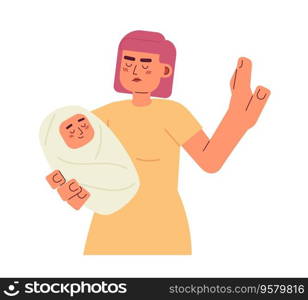 Angry asian woman holding baby semi flat color vector character. Stop gesture. Editable half body person on white. Simple cartoon spot illustration for web graphic design. Angry asian woman holding baby semi flat color vector character