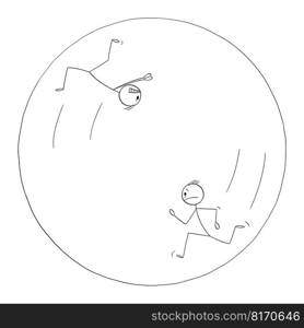 Angry Attacker chasing his victim other forever in circle, concept of hate, vector cartoon stick figure or character illustration.. Angry Persons Chasing His Victim in Circle , Vector Cartoon Stick Figure Illustration