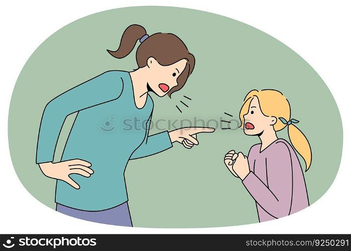Angry authoritarian mom and naughty small daughter scream fight. Mad mother lecture scold ill-behaved girl child, shouting and yelling. Domestic violence concept. Vector illustration.. Angry mom and naughty daughter fight