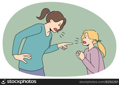 Angry authoritarian mom and naughty small daughter scream fight. Mad mother lecture scold ill-behaved girl child, shouting and yelling. Domestic violence concept. Vector illustration.. Angry mom and naughty daughter fight