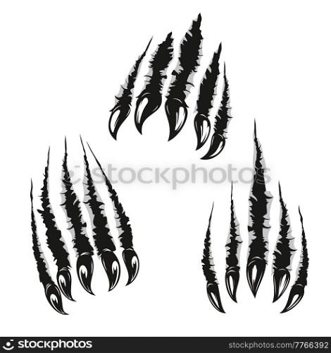 Angry bear claw marks and scratches of wild animal paws attack. Vector bear monster slash traces or grizzly beast torn tracks with scary nails, talons and ripped holes on white background. Angry bear claw marks and scratches, animal attack