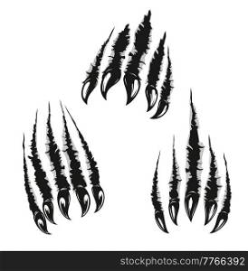 Angry bear claw marks and scratches of wild animal paws attack. Vector bear monster slash traces or grizzly beast torn tracks with scary nails, talons and ripped holes on white background. Angry bear claw marks and scratches, animal attack