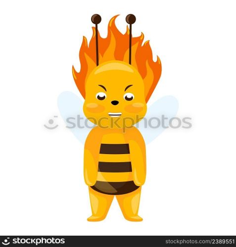 Angry bee isolated on white background. Cartoon character Blaze in fire. Design of insect sticker for showing emotion. Vector illustration. Angry bee isolated on white background. Cartoon character Blaze in fire.