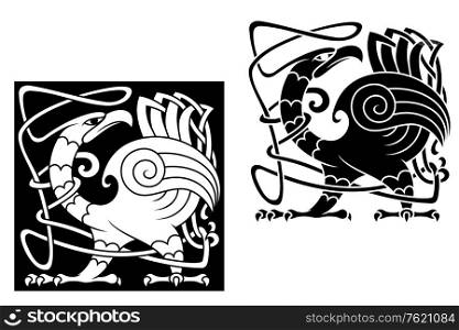 Angry bird in celtic style with ornamental patterns and tracery