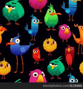 Angry birds pattern. Game parrots and exotic baby cute and funny colored birds. Vector cartoon seamless illustrations. Pattern exotic bird, parrot angry, colored macaw. Angry birds pattern. Game parrots and exotic baby cute and funny colored birds. Vector cartoon seamless illustrations