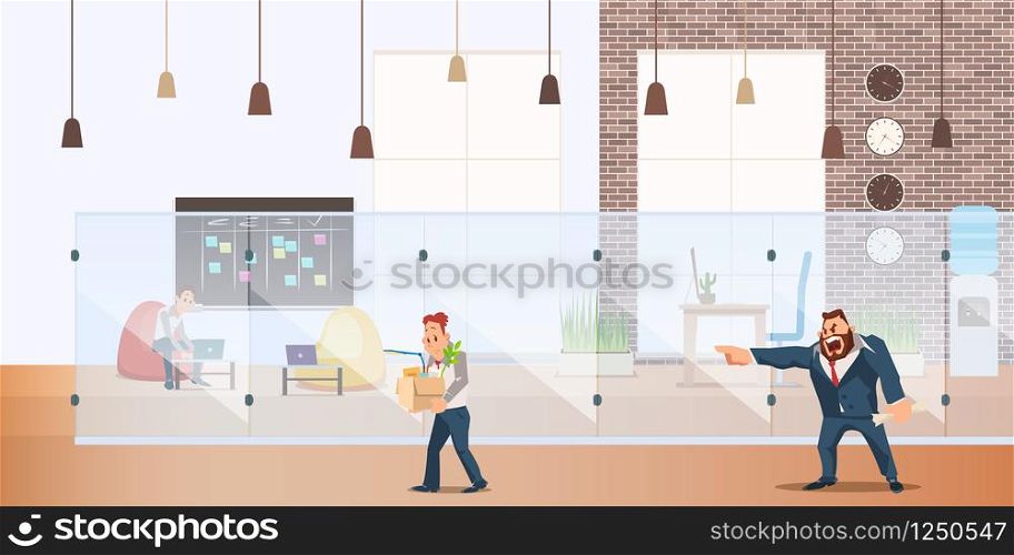 Angry Boss Dismiss Sad Employee at Creative Office. Unemployed Character Carry Carton Box with Stuff or Belongings. Manager in Suit Yell at Jobless Man. Flat Cartoon Vector Illustration. Angry Boss Dismiss Sad Employee at Creative Office
