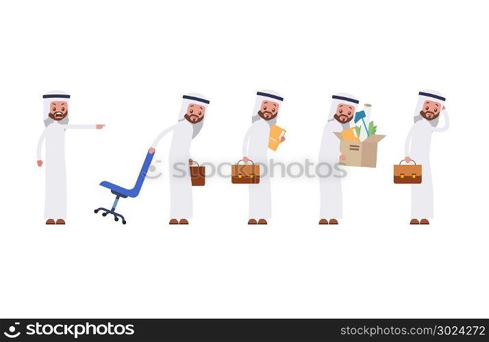 Angry boss dismisses employees. takes away the chair, documents, personal belongings from work. Arab saudi businessman. cartoon character set
