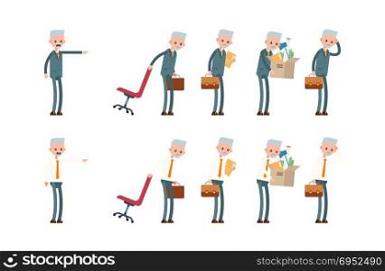 Angry boss dismisses employees. takes away the chair, documents, personal belongings from work. elderly businessman. cartoon character set