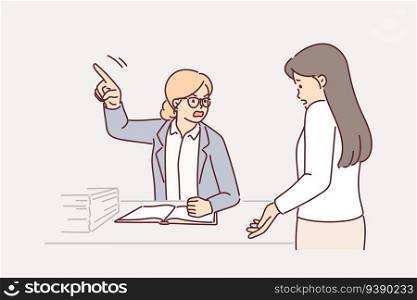 Angry boss fires employee sitting at table and pointing finger to side to drive away colleague who made mistake. Boss yelling at subordinate for lack of performance and lack of sales. Angry boss fires employee sitting at table and pointing finger to side to drive away colleague