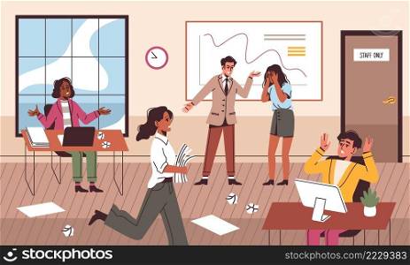 Angry boss in office. Intense working atmosphere, chief shouting at employees, corporate deadline and panic, stressed stuff. Corporate business problems. Vector cartoon flat style isolated concept. Angry boss in office. Intense working atmosphere, chief shouting at employees, corporate deadline and panic, stressed stuff. Corporate business problems. Vector isolated concept