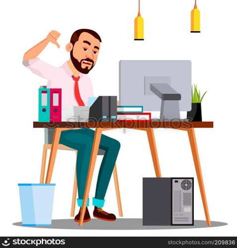 Angry Boss In Suit Sitting At Table With Documents Shows Thumb Down Vector. Illustration. Angry Boss In Suit Sitting At Table With Documents Shows Thumb Down Vector. Isolated Illustration