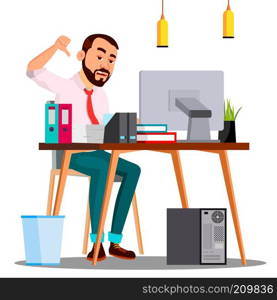 Angry Boss In Suit Sitting At Table With Documents Shows Thumb Down Vector. Illustration. Angry Boss In Suit Sitting At Table With Documents Shows Thumb Down Vector. Isolated Illustration