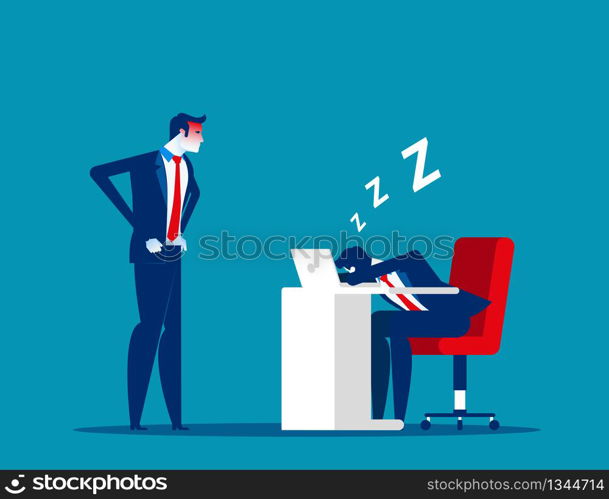 Angry boss looking office worker relaxing at desk during work. Tired asleep on a workplace. Concept business lazy employee vector illustration.