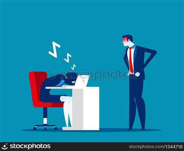 Angry boss looking office worker relaxing at desk during work. Tired asleep on a workplace. Concept business lazy employee vector illustration.