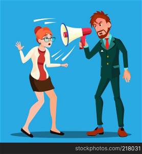 Angry Boss Man Screaming In Megaphone At Scared Woman Empolyee Vector. Illustration. Angry Boss Man Screaming In Megaphone At Scared Woman Empolyee Vector. Isolated Illustration