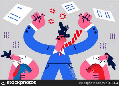 Angry boss or director scream yell at scared diverse employees in office. Furious businessman shout fire dismiss stressed workers at workplace. Power and leadership. Vector illustration. . Furious boss shout lecture stressed employees