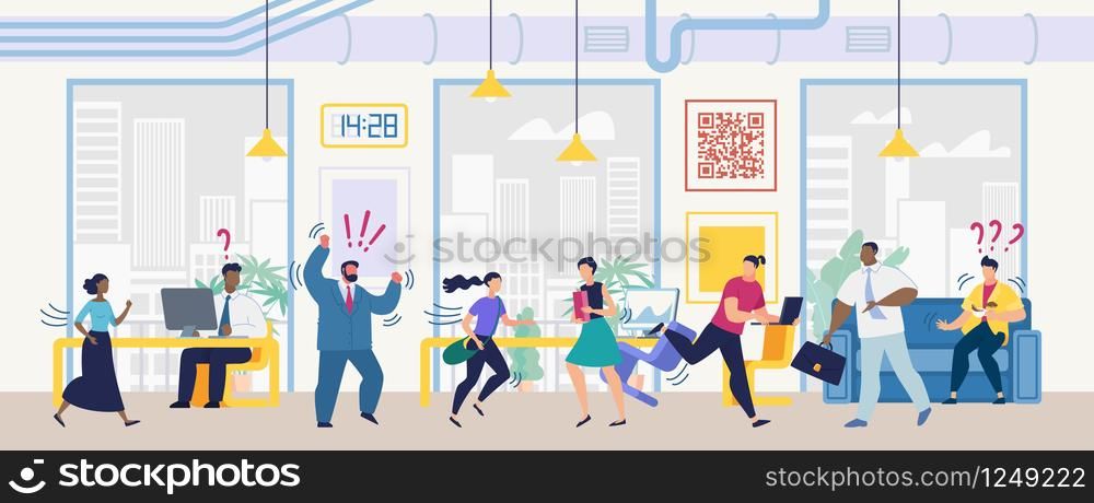 Angry Boss Screaming on Employees Because of Mistakes, Project Deadline Fail, Scared Office Workers Running Away from Mad, Aggressive Colleague Cartoon Vector Illustration. Stress at Work Concept