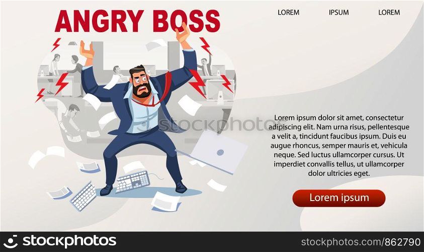 Angry boss screams in chaos at his subordinates. Stressed banner vector cartoon characters. Office workers hurry up with job. Fun cartoon characters. Vector illustration of work situation.