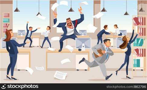 Angry boss screams in chaos at his subordinates. Stressed vector cartoon characters. Office workers hurry up with job. Fun cartoon characters. Vector illustration of work situation.