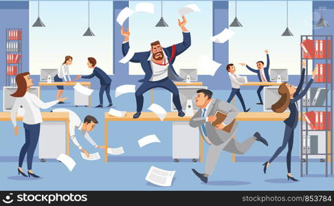 Angry boss shout in chaos office because of failure deadline. Stressed vector cartoon characters. Office workers hurry up with job. Fun cartoon characters. Vector illuctration of work situation in office interior.