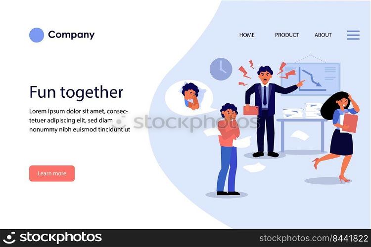 Angry boss shouting at his employees in office. Woman running in fear, sleepy man standing stressed flat vector illustration. Business stress concept for banner, website design or landing web page