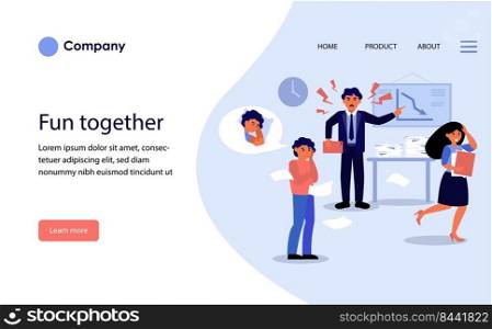 Angry boss shouting at his employees in office. Woman running in fear, sleepy man standing stressed flat vector illustration. Business stress concept for banner, website design or landing web page