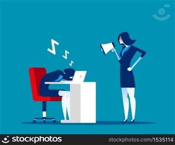 Angry boss use megaphone to wake up employee. Concept business vector, Relaxing, workplace, lazy.