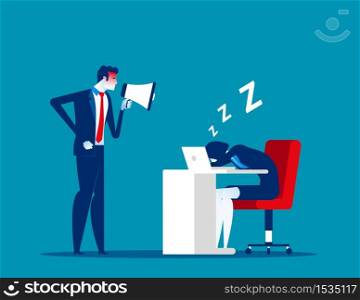 Angry boss use megaphone to wake up employee. Concept business vector, Relaxing, workplace, lazy.