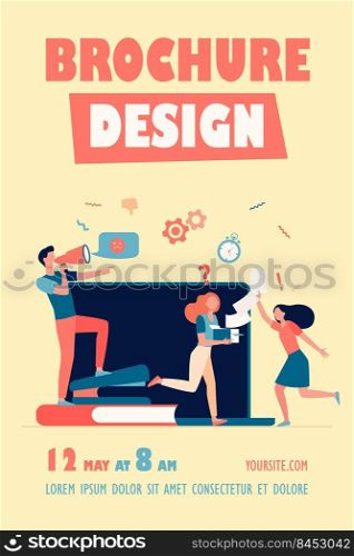 Angry boss with megaphone shouting at employees for missing deadline. Office workers running in chaos, panic and hurry. Vector illustration for overwork, project failure, stress at workplace topics