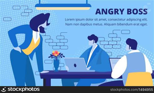 Angry Boss Woman Standing in Confident Pose at Table with Employees Working on Laptops on Modern Interior Background. Business People Communicating in Office Cartoon Flat Vector Illustration, Banner. Business People Communicating in Modern Office