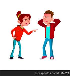 Angry boy girl bully. Little anger conflict. vector character flat cartoon Illustration. Angry boy girl swear vector
