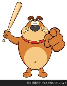 Angry Brown Bulldog Cartoon Mascot Character Holding A Bat And Pointing. Illustration Isolated On White Background