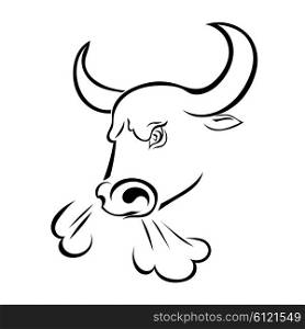 Angry bull&apos;s head with the steam from his nostrils isolated on white background. Vector illustration.